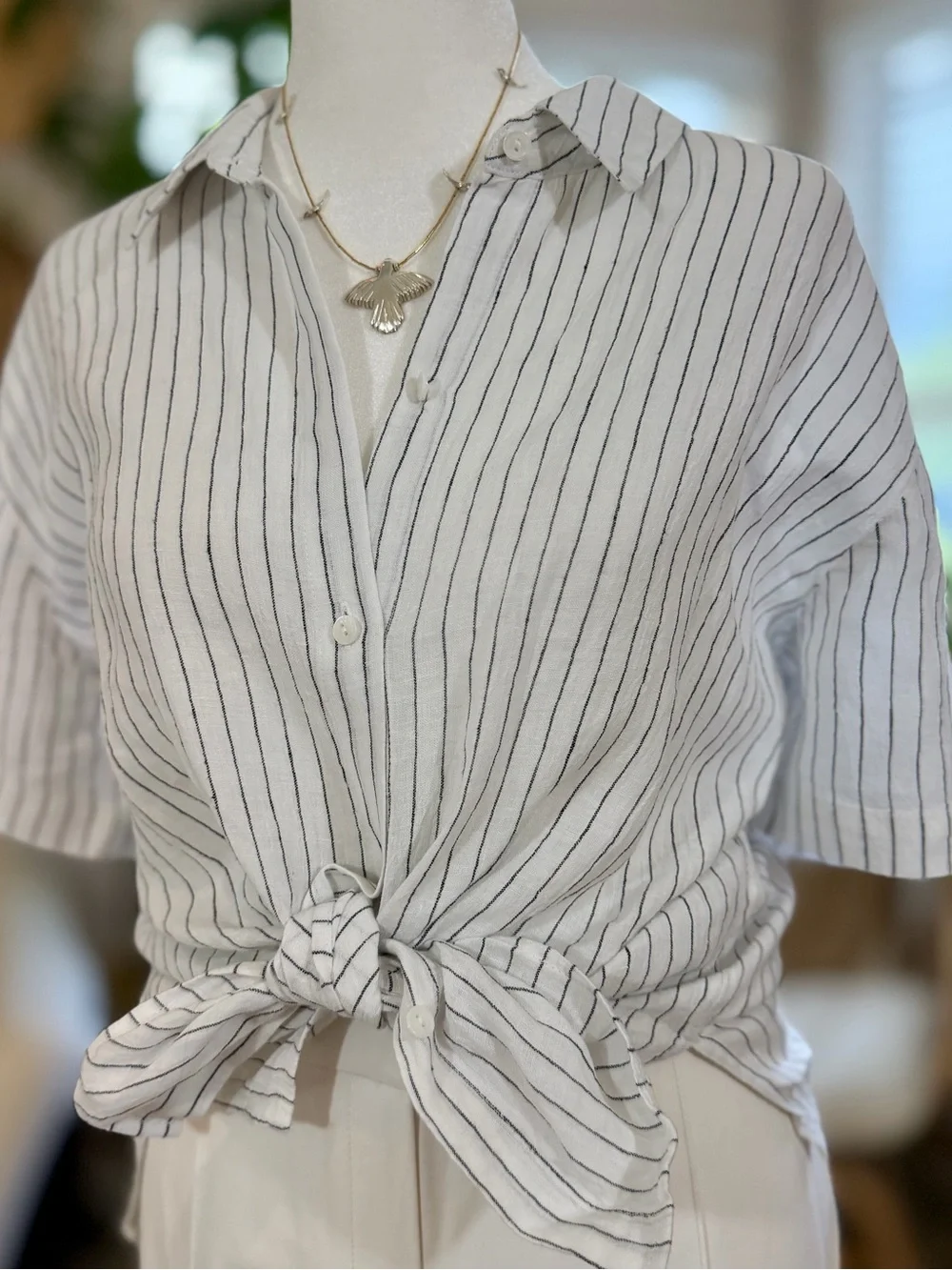 Eileen Fisher White Button-Down Shirt with Black Pinstripes - Picture 3 of 10